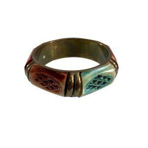 Vintage Brass Painted Bone Bangle Bracelet Bright Pink Green Retro